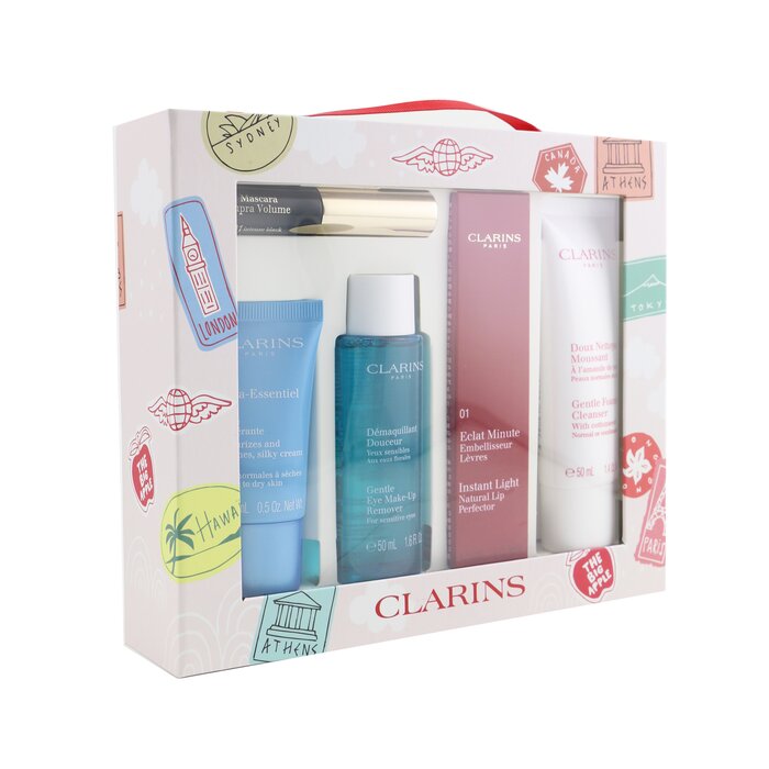 Clarins With Love From Suitcase Set (1x Eclat Minute Instant Light Natural Lip Perfector 01, 1x Gentle Foaming Cleanser, 1x Gentle Eye Makeup Remover, 1x Cream, 1x Supra Volume Mascara)